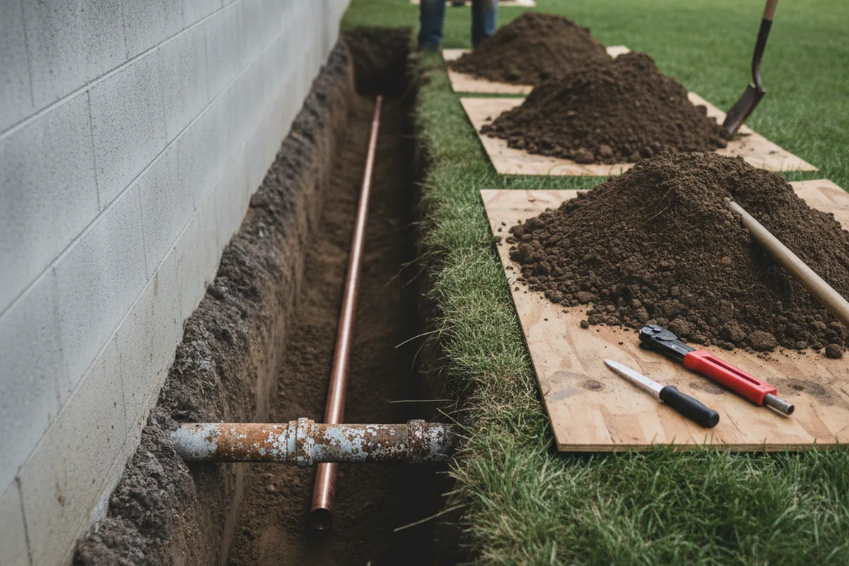 Excavated water line trench during Water Softener Installation in Keaau